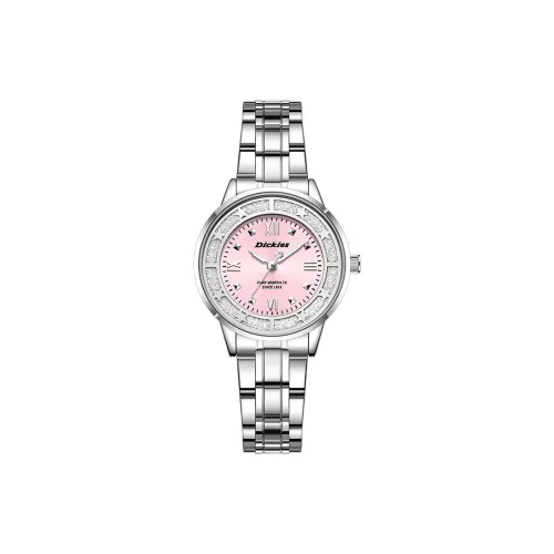Dickies Наручные часы Кварцевый механизм Стальной ремешок Розовый циферблат Женские часы Коробка из белого золота