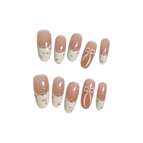 T Z Весенний маникюр с цветочным французским стилем искусные ногти MID длина телесный однотонный бант