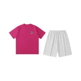 Розовый Красный (Розовый Красный Топ + Цветочные Белые Серые Шорты)