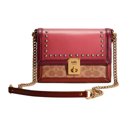 COACH Hutton Покрытый холст с утонченной телячьей кожей маленькая квадратная сумка сумка через плечо плечевая сумка женская коричневый и розовый