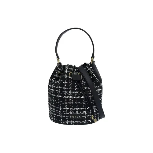 Furla Твидовая сумка-ведро с кожаными вставками мини женская черная