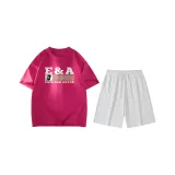 Розовый Красный (Розовый Красный Топ + Цветочные Белые Серые Шорты)