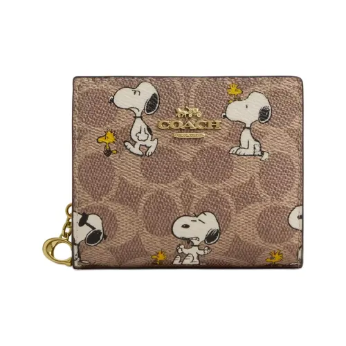 COACH PEANUTS SNOOPY Коллаборация Snap Wallet Покрытый холст Кошелек Мини Женские Коричневый