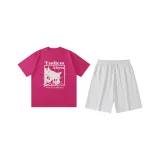 Розовый Красный (Розовый Красный Топ + Цветочные Белые Серые Шорты)