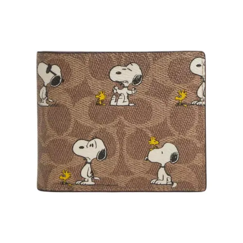 COACH PEANUTS SNOOPY Коллаборация Покрытый холст Кошелек Мини Мужской Коричневый