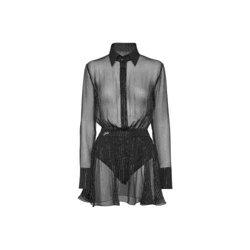 PHILIPP PLEIN SS25 Длинное Платье с Длинными Рукавами Женское Черное