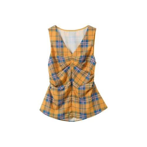 3COLOUR Имбирно-желтый Клетчатый Женские Шифоновые Рубашки