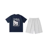 Темно-синий (Темно-синий топ + Цветочный Белый и Серый шорты)