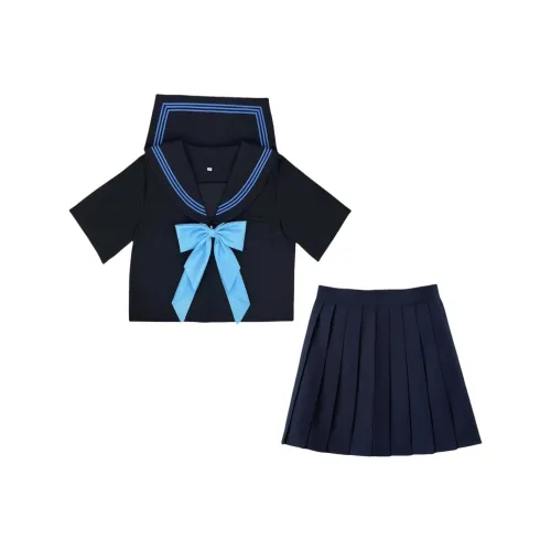 Шу Хао Бай Улучшенный Синий Трехкомпонентный Комплект с Короткими Рукавами, Полная Юбка, Синий Длинный Галстук-бабочка и Черная Короткая Юбка Женская Униформа