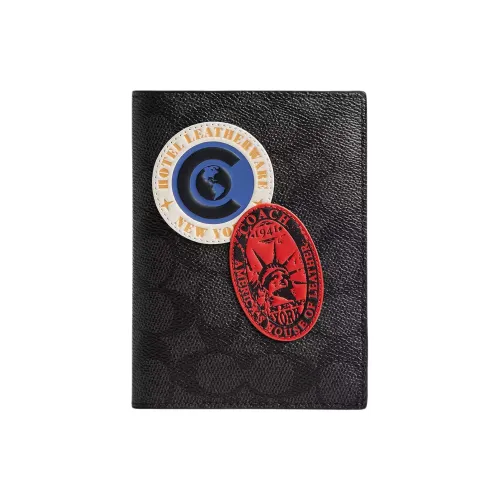 COACH Покрытый холст с телячьей кожей Держатель для паспорта Мини Унисекс Черный