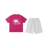 Розовый Красный (Розовый Красный Топ + Цветочные Белые Серые Шорты)