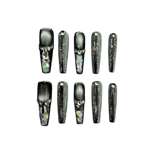 PRETTY NAIL Urban Chic Style Black Ice False Nail Long Black Solid Color Cat Eye Four Nails Sand