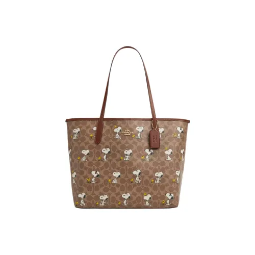 COACH Peanuts Snoopy Коллаборация Городская Покрытая Холст Сумка-тоут Сумка для покупок Сумка Сумка через плечо Большая Женская Коричневая