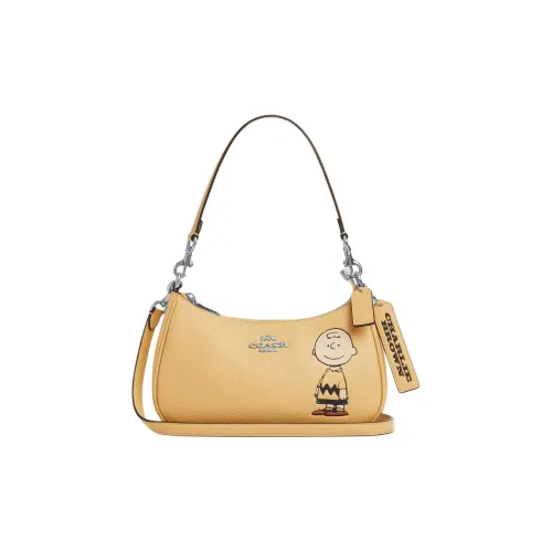 COACH PEANUTS Collaboration Teri Зернистая кожа личи Кожа Сумка Средний Women's Silver Dry Трава