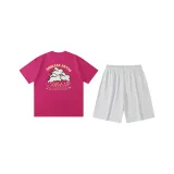 Розовый Красный (Розовый Красный Топ + Цветочные Белые Серые Шорты)