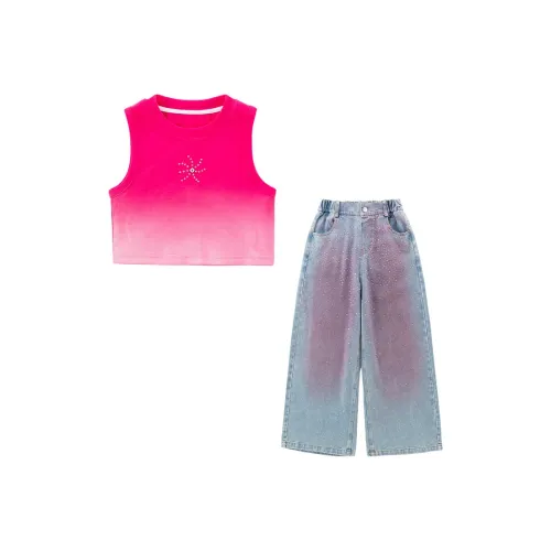 momasong Повседневная спортивная одежда Розово-красная Короткий рукав Рубашка + Джинсы Детская