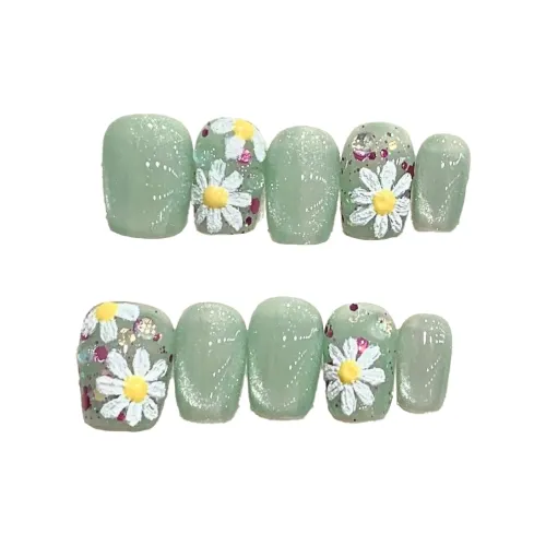 Rui Jin Масляная живопись Стиль Весна Цветочный дизайн False Nail MID Длина (размер в длину) Укороченный Зеленый Smudge Coquette 20 мм