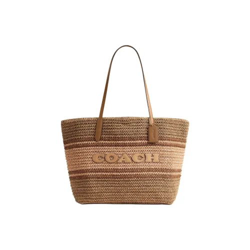 COACH Городской Солома с Гладкой Кожей Тоут Сумка Сумка для покупок Сумка Сумка через плечо Большая Женская Коричневая