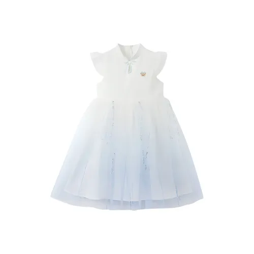 PAW IN PAW Cartoon Bear Сладкий стиль Элегантный Новый китайский стиль Марля Платье Синий Дети 3-7 лет