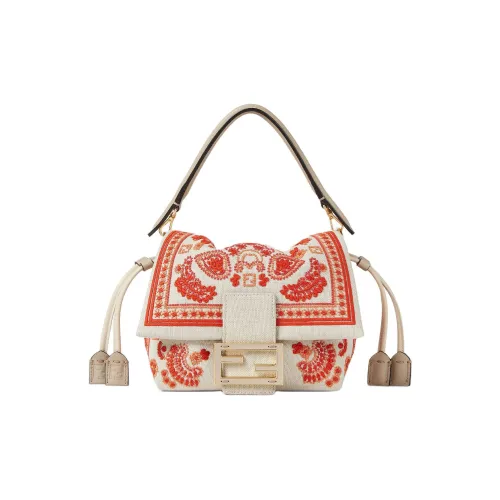 FENDI Baguette Холщовая Сумка через плечо Сумка Маленькая Женская Бежевая и Красная