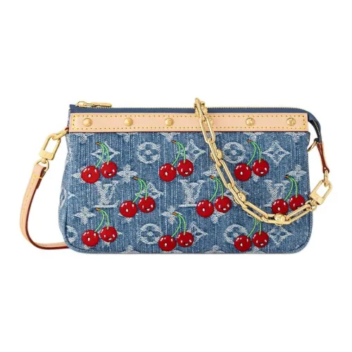 LOUIS VUITTON Takashi Murakami Коллаборация POCHETTE ACCESSOIRES Монограмма Вишня Деним Сумка Женские Синий