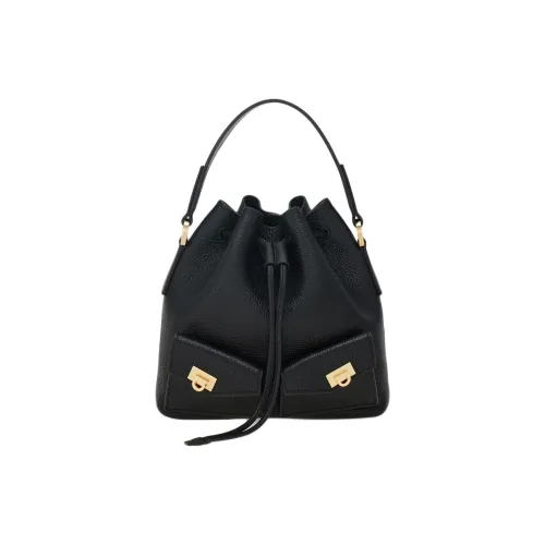 Ferragamo Hug Hammered Текстура Телячья кожа Сумка-ведро Сумка Женская Черная