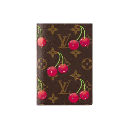 LOUIS VUITTON Takashi Murakami Коллаборация Монограмма Вишня Покрытый холст Картхолдер Паспорт ДОК-ПОДДОЛЬНИК Женские Коричневый