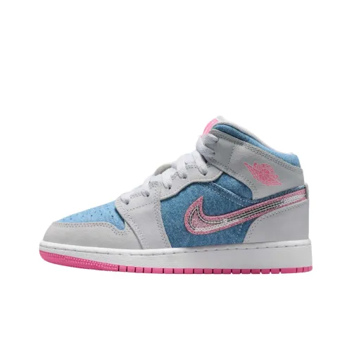 Jordan Air Jordan 1 Износостойкий Дышащий MID Топ Детские Баскетбольные кроссовки Синий Розовый Подростки