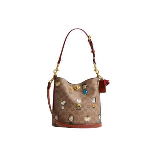COACH × PEANUTS Collaboration Willow Покрытый холст с кожаными вставками Ведрообразная сумка через плечо на одно плечо