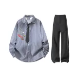 Темно-синий синий полосатый + черный костюмные брюки