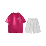 Розовый Красный (Розовый Красный Топ + Цветочные Белые Серые Шорты)