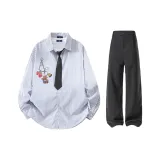 Светло-синие полоски + черные брюки-костюм