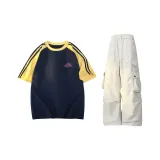 Темно-синяя рубашка с коротким рукавом + светло-хаки штаны