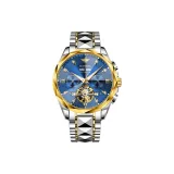 Стальной ремешок, синий циферблат.