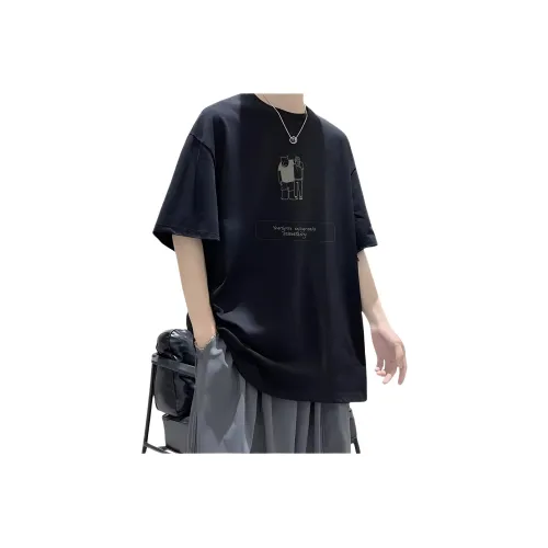 Wooden Rabbit Повседневный Модный Бренд Нишевый Премиум Простой Свободный крой Мультяшный С принтом Рукавов длины "локоть" Мужской