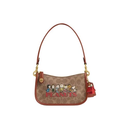 COACH Peanuts SNOOPY Коллаборация SwingerSignature Покрытый холст Одно плечо Сумка Маленькая Женская Коричневая