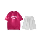 Розовый Красный (Розовый Красный Топ + Цветочные Белые Серые Шорты)