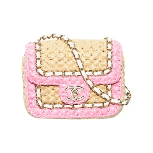 CHANEL Рафия Волокно Коровья Кожа Сумка через плечо с откидной крышкой Мини Женская Розовая и Бежевая