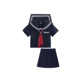 Brand-New Темно-синий Синий Короткий рукав + 43 см Короткая юбка + Красный Шарф + Петля Пуговица