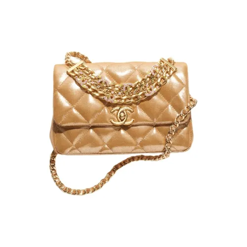 CHANEL Металл Текстура Телячья кожа Сумка с клапаном Сумка через плечо Мини Женская Золотая