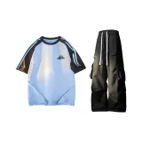 Рубашка с коротким рукавом цвета далёкого неба + чёрные брюки