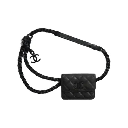 CHANEL Телячья кожа с рельефом металл краска держатель для визиток поясная цепочка бананка женский черный