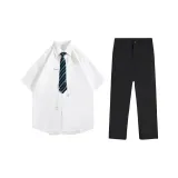 Белый комплект: рубашка + черные штаны [включает галстук, аксессуары, без ремня]