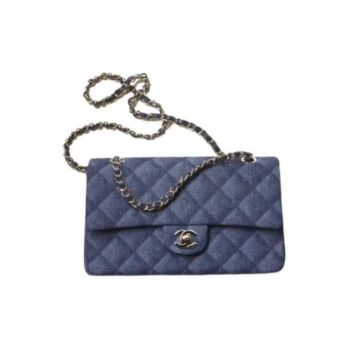 CHANEL Classic Flap CF Denim и Gold Metal Crossbody Bag Medium Women's Dark Blue