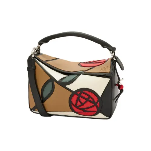 LOEWE Пазл Классический Коровья кожа Через плечо Одно плечо Сумка Маленькая Женская Коричневый Белый Красный