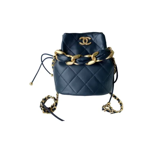 CHANEL Полированная овечья кожа и металлическая сумка-ведро портативная сумка через плечо маленькая женская сумка через плечо морской синий