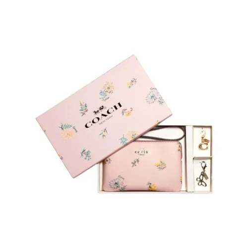 COACH Corner Zip Покрытый холст Кошелек Держатель для карт Клатч Запястье Сумка Монетница Маленький Женский Принт Вишневый цветок Розовый