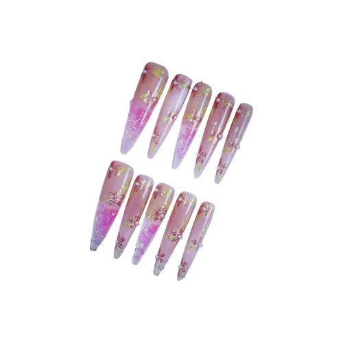 PRETTY NAIL Coquette Style Imperial Brocade And Radiant Sunset False Nail Long Nude Cat Eye Sand