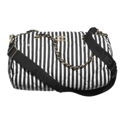 CHANEL Холст Материал Золото Металл Боулинг Сумка Сумка через плечо Большая Женская Белая Черная