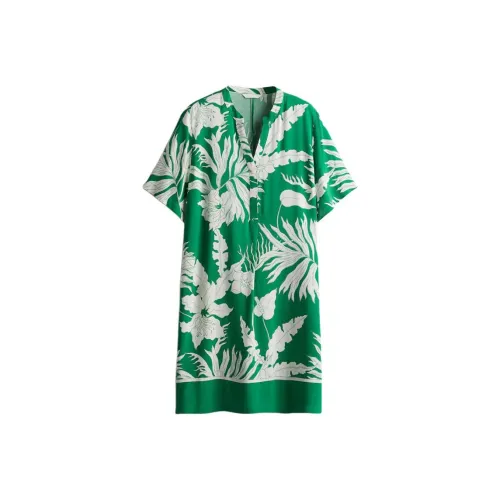 H&M Зеленый/Белый Цветочный Женские Платья с Коротким Рукавом